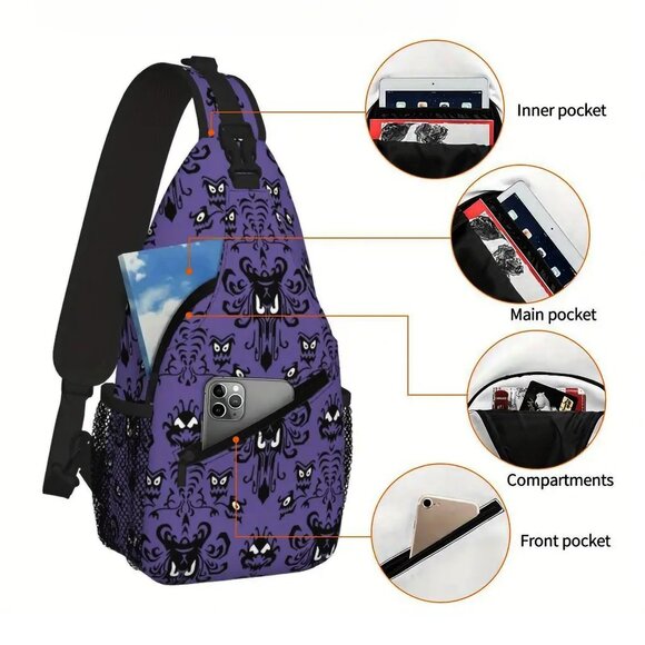 NEW! Haunted Mansion Purple Wallpaper Sling Bag Crossbody Foolish Mortal Disney - Picture 5 of 8